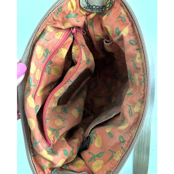 Fossil Canvas Crossbody Bag Purse Birdcage Design Lemon Pattern Interior - Picture 3 of 4